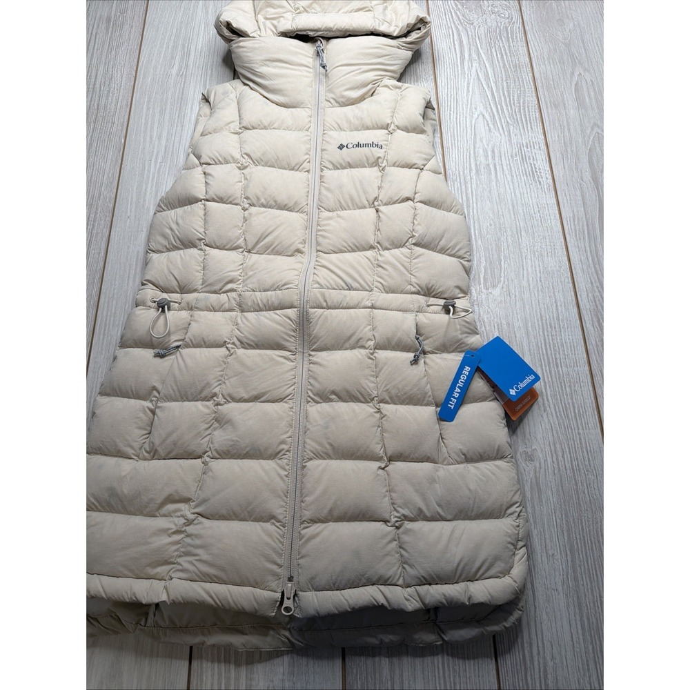 New Columbia Ardenwood Mid Down Vest Omni-shield Womens Size XS Tan Hooded